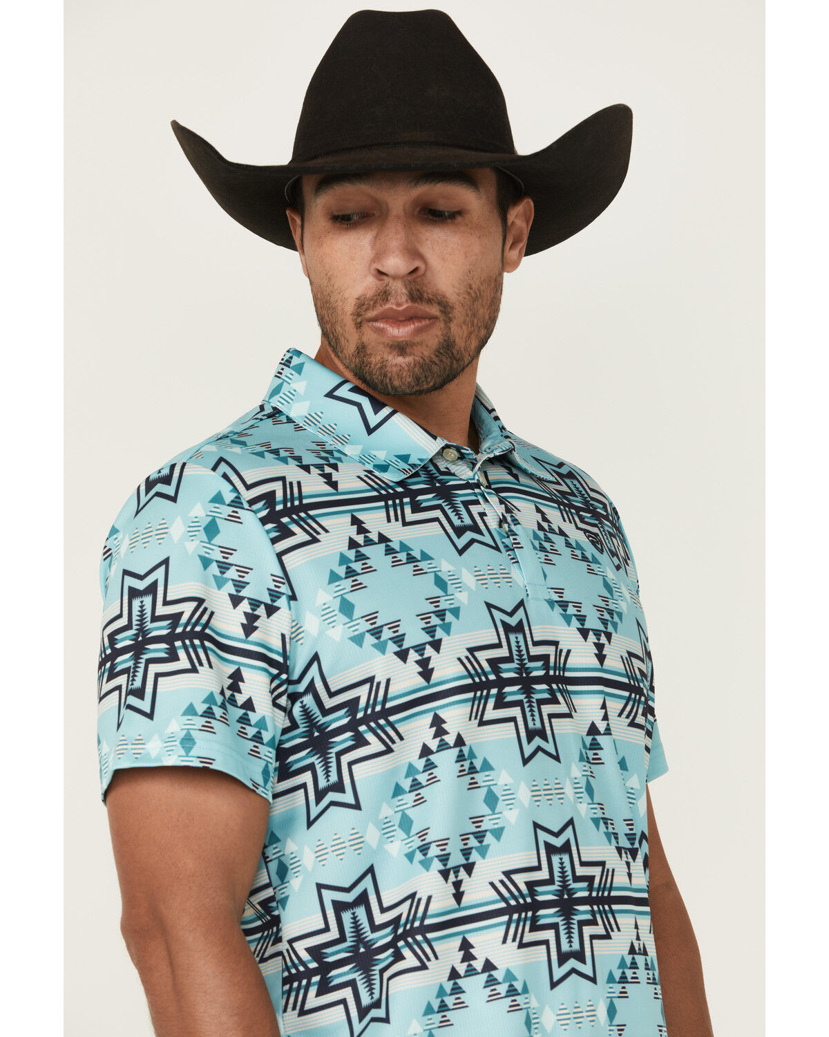 Image #2 - Rock & Roll Denim Men's Boot Barn Exclusive Southwestern Print Short Sleeve Polo Shirt, Teal, hi-res