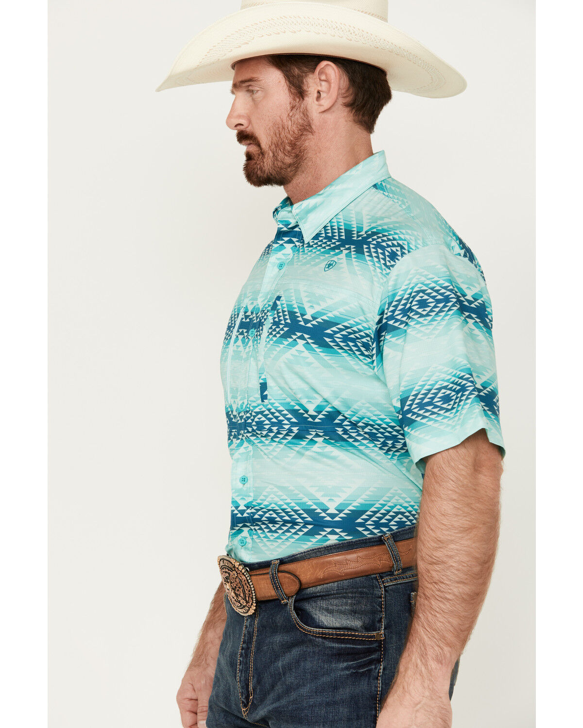 Image #2 - Ariat Men's VentTEK Classic Fit Southwestern Striped Short Sleeve Performance Shirt - Tall, Aqua, hi-res