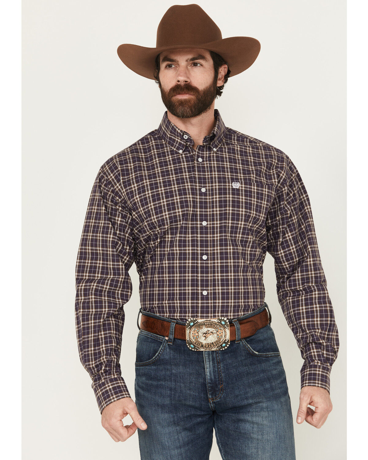 Image #1 - Cinch Men's Plaid Print Long Sleeve Button-Down Western Shirt, Purple, hi-res