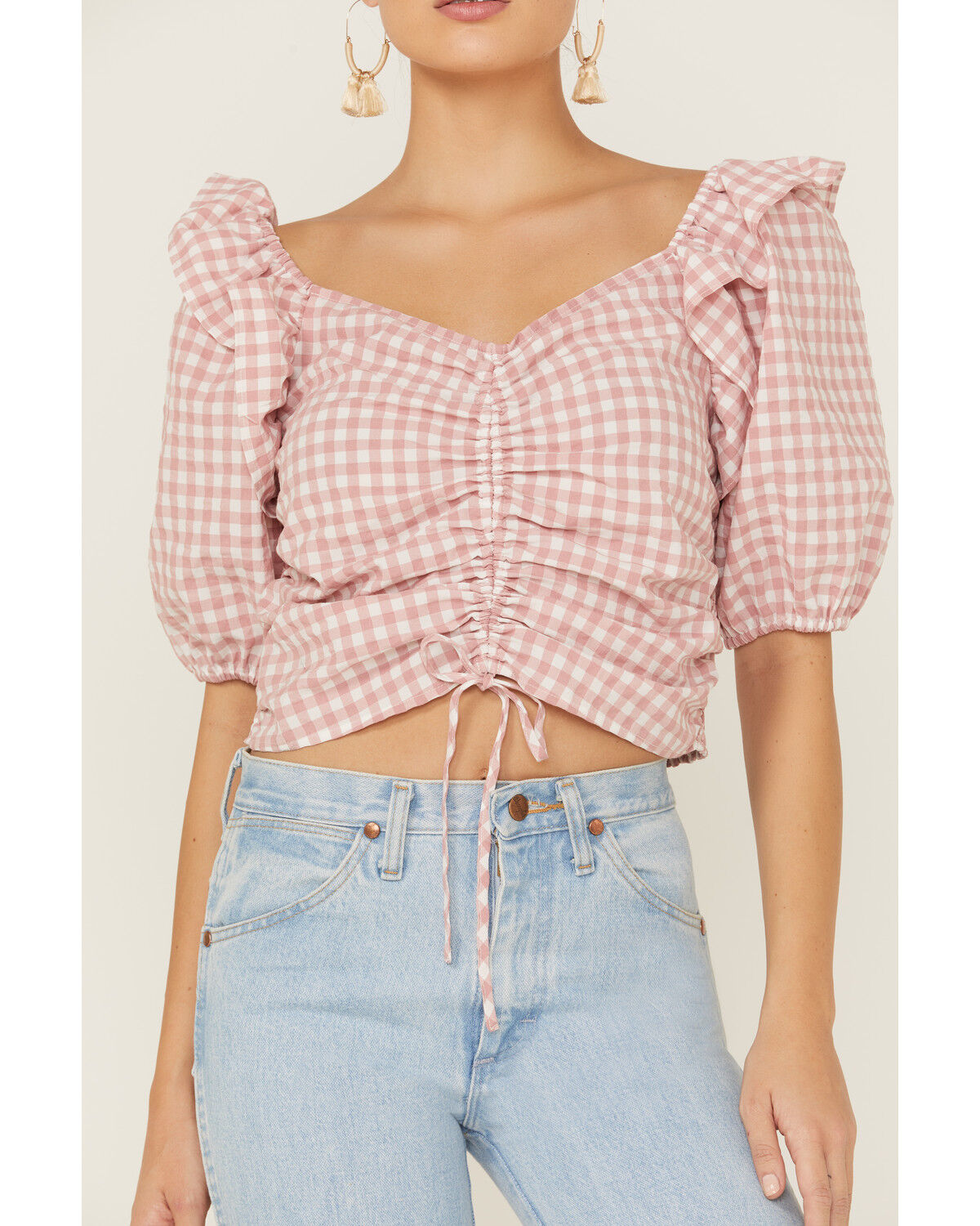 Image #2 - Beyond The Radar Women's Gingham Crop Cinch Detail Top, Blush, hi-res