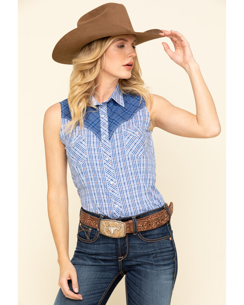 Rough Stock by Panhandle Women's Check Sleeveless Western Shirt, Blue, hi-res