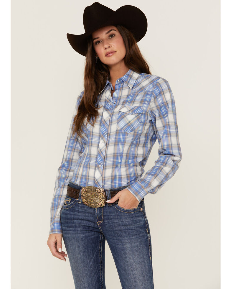 Roper Women's Classic Plaid Print Long Sleeve Snap Western Shirt, Blue, hi-res