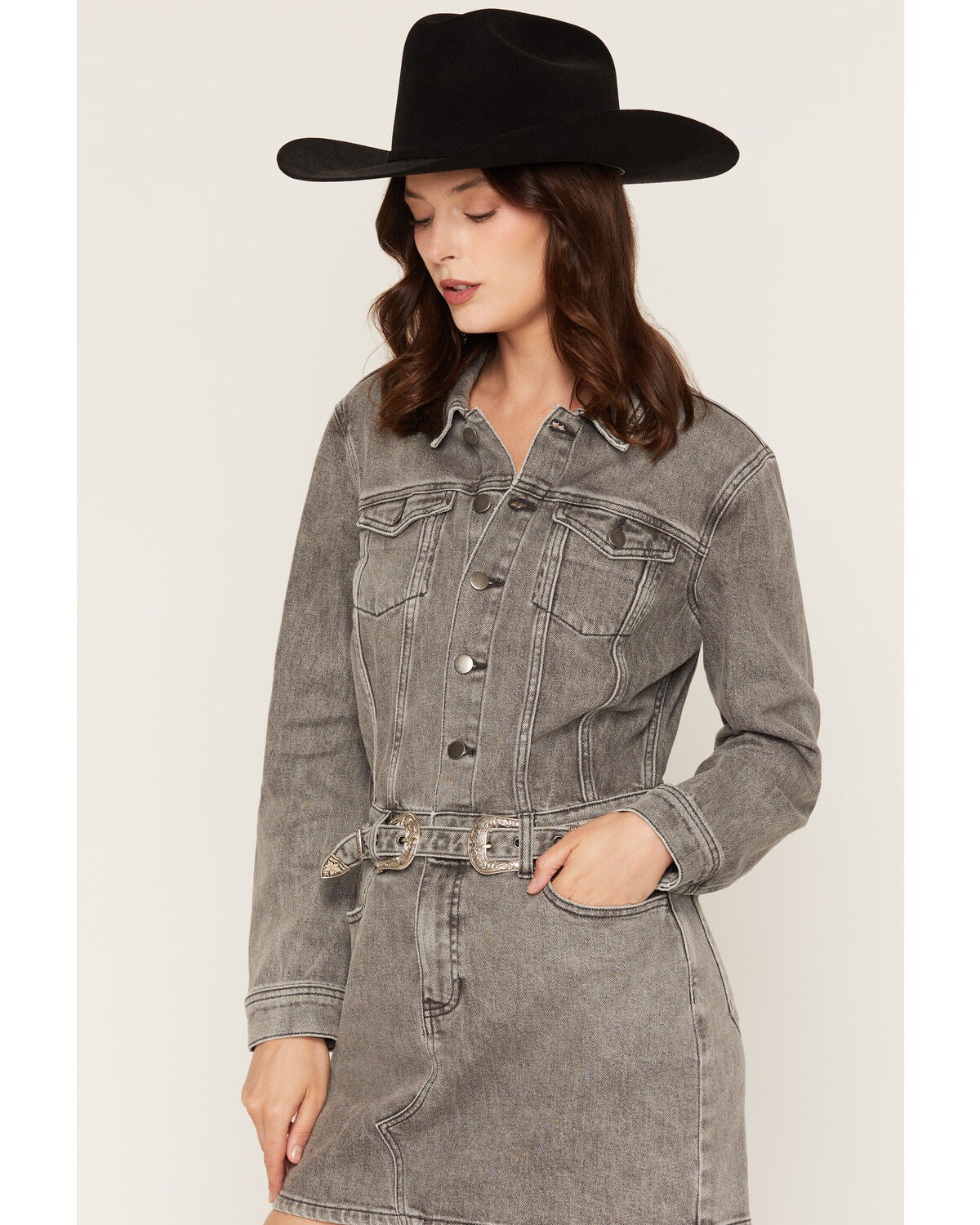 Image #2 - Rock & Roll Denim Women's Double Western Buckle Long Sleeve Denim Mini Dress, Black, hi-res