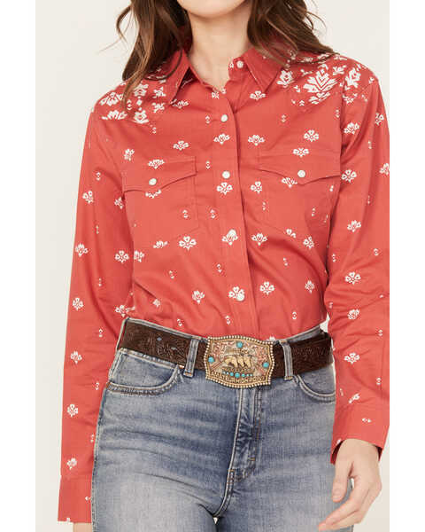 Image #3 - Wrangler Women's Southwestern Print Long Sleeve Western Pearl Snap Shirt, Red, hi-res