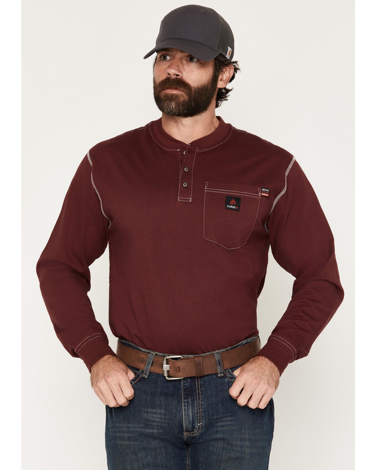 Forge Workwear Men's FR Lightweight Long Sleeve 1/4 Button-Down Henley Work Shirt, Burgundy, hi-res