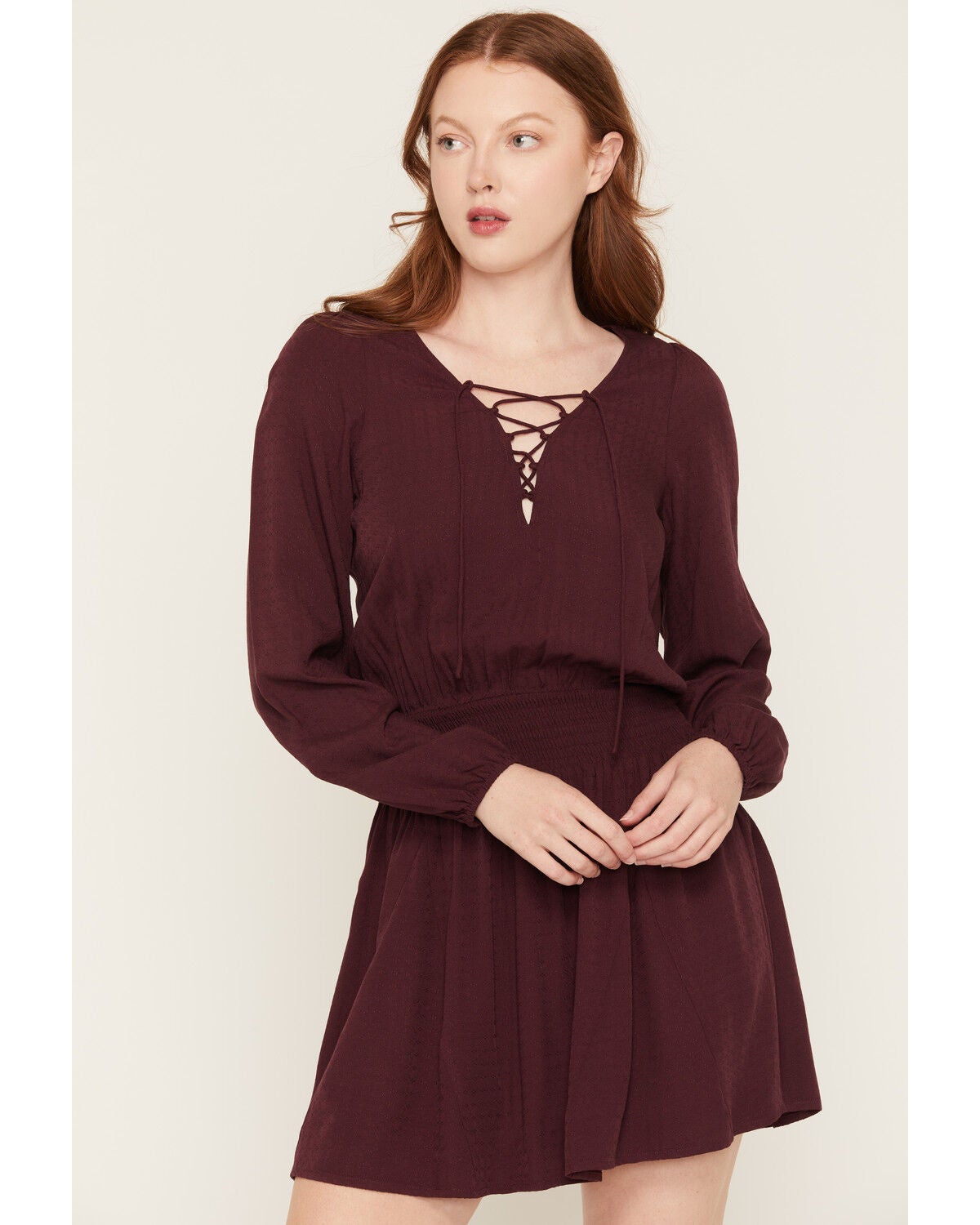 Idyllwind Women's Aimee Lace-Up Mini Dress, Wine, hi-res