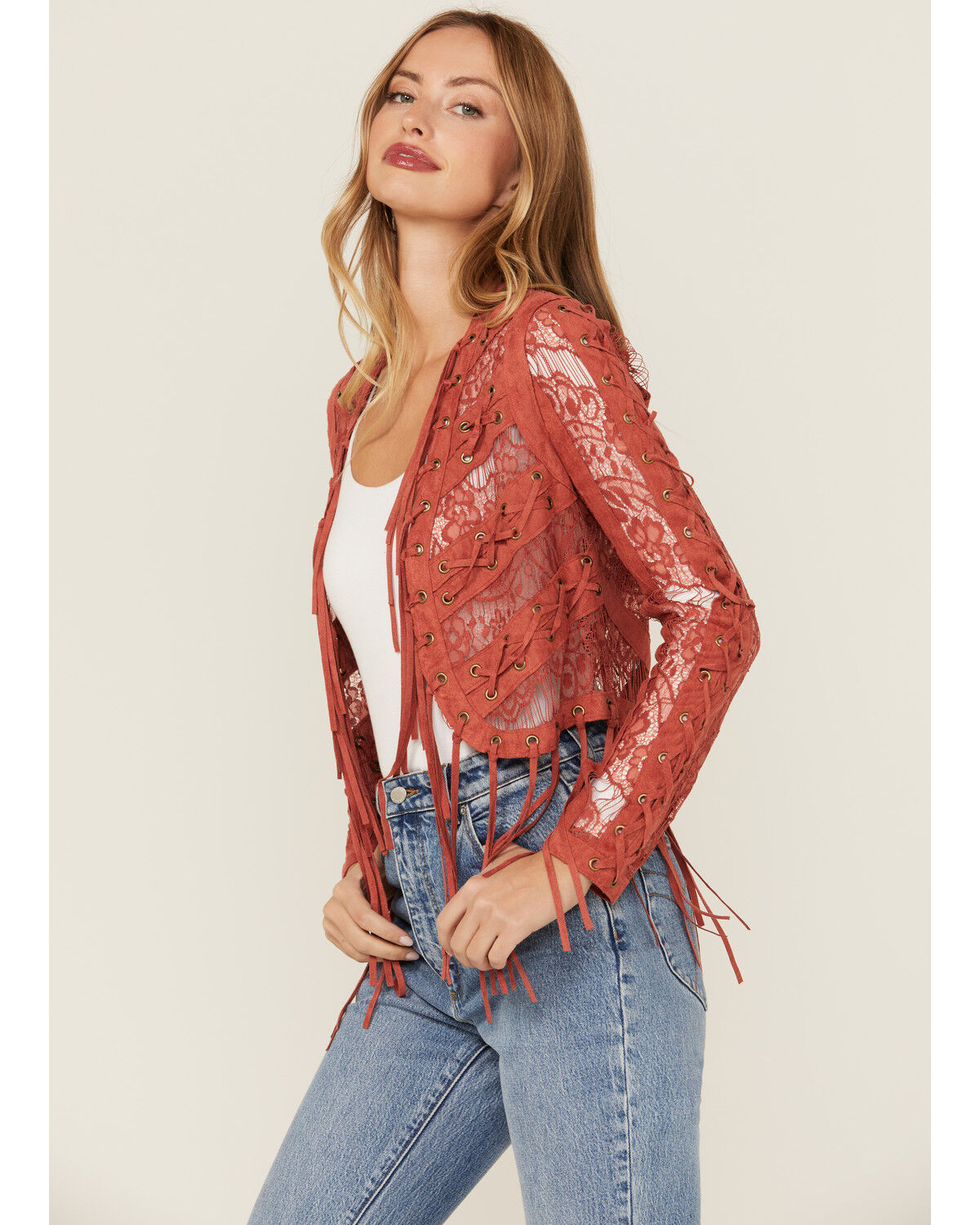 Image #2 - Vocal Women's Suede Tassel Jacket, Brick Red, hi-res