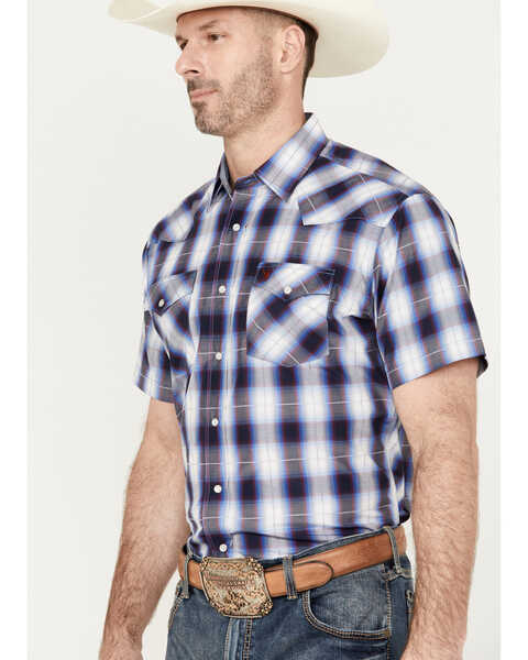 Image #2 - Rodeo Clothing Men's Plaid Print Short Sleeve Snap Western Shirt, Blue, hi-res