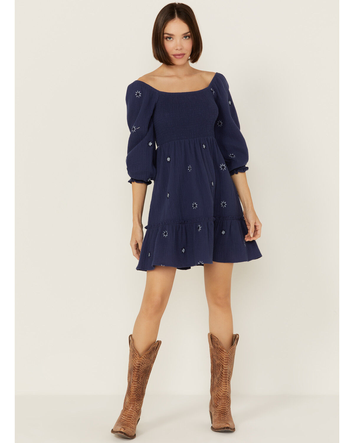 Image #1 - Jolt Women's Rouched Front Embroidered Mini Dress, Navy, hi-res