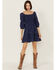 Image #1 - Jolt Women's Rouched Front Embroidered Mini Dress, Navy, hi-res