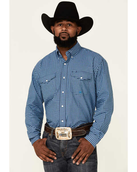 Roper Men's Check Plaid Print Long Sleeve Button Down Western Shirt , Blue, hi-res