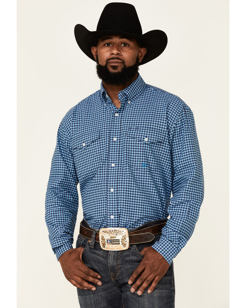 Roper Men's Storm Cloud Check Plaid Long Sleeve Button-Down Western Shirt , Blue, hi-res
