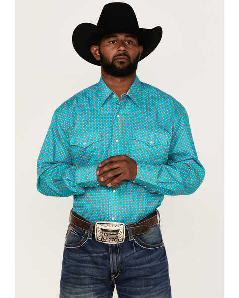 Roper Men's Amarillo Saddle Foulard Geo Print Long Sleeve Snap Western Shirt , Turquoise, hi-res