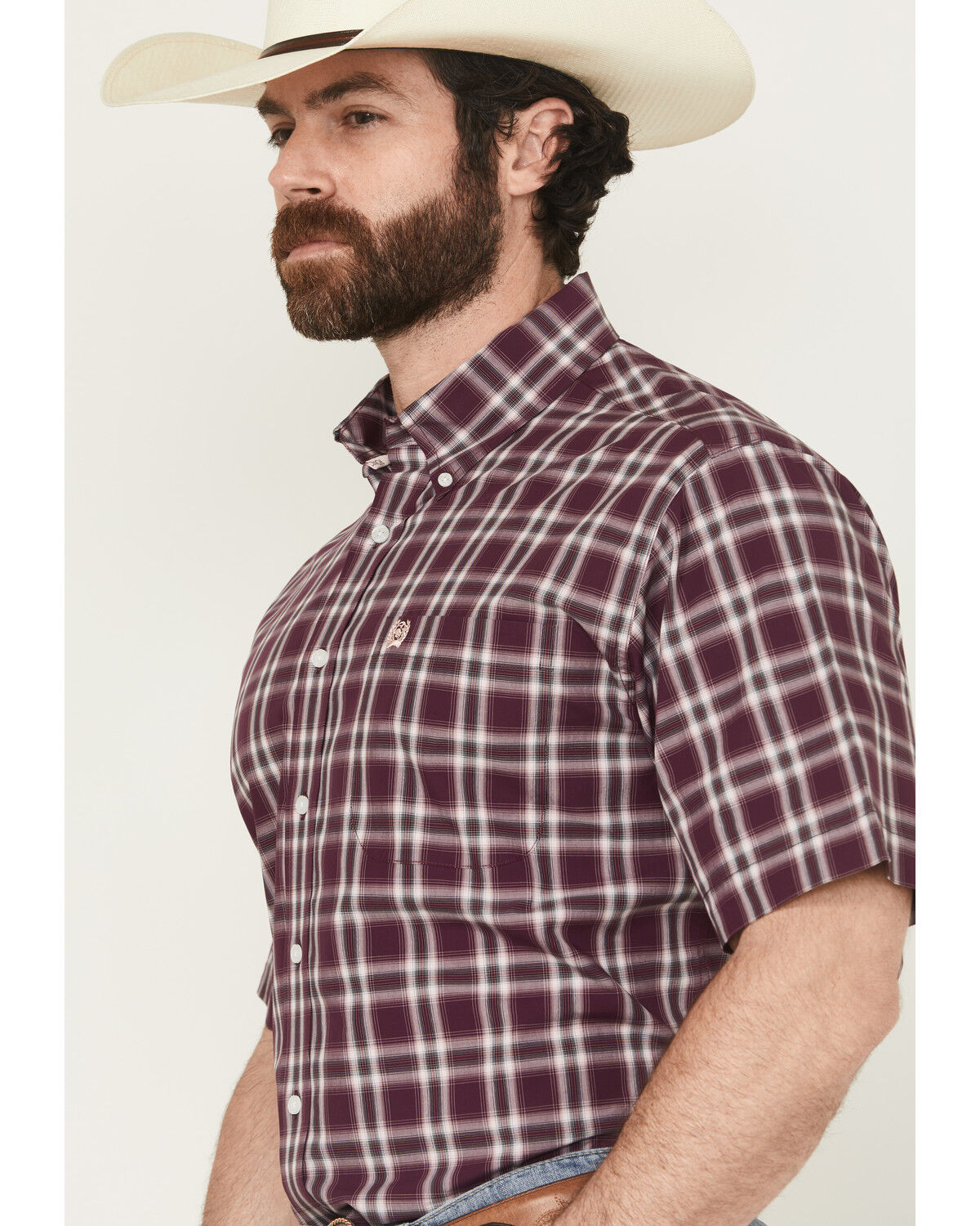 Image #2 - Cinch Men's Plaid Print Short Sleeve Button-Down Western Shirt - Big, Purple, hi-res