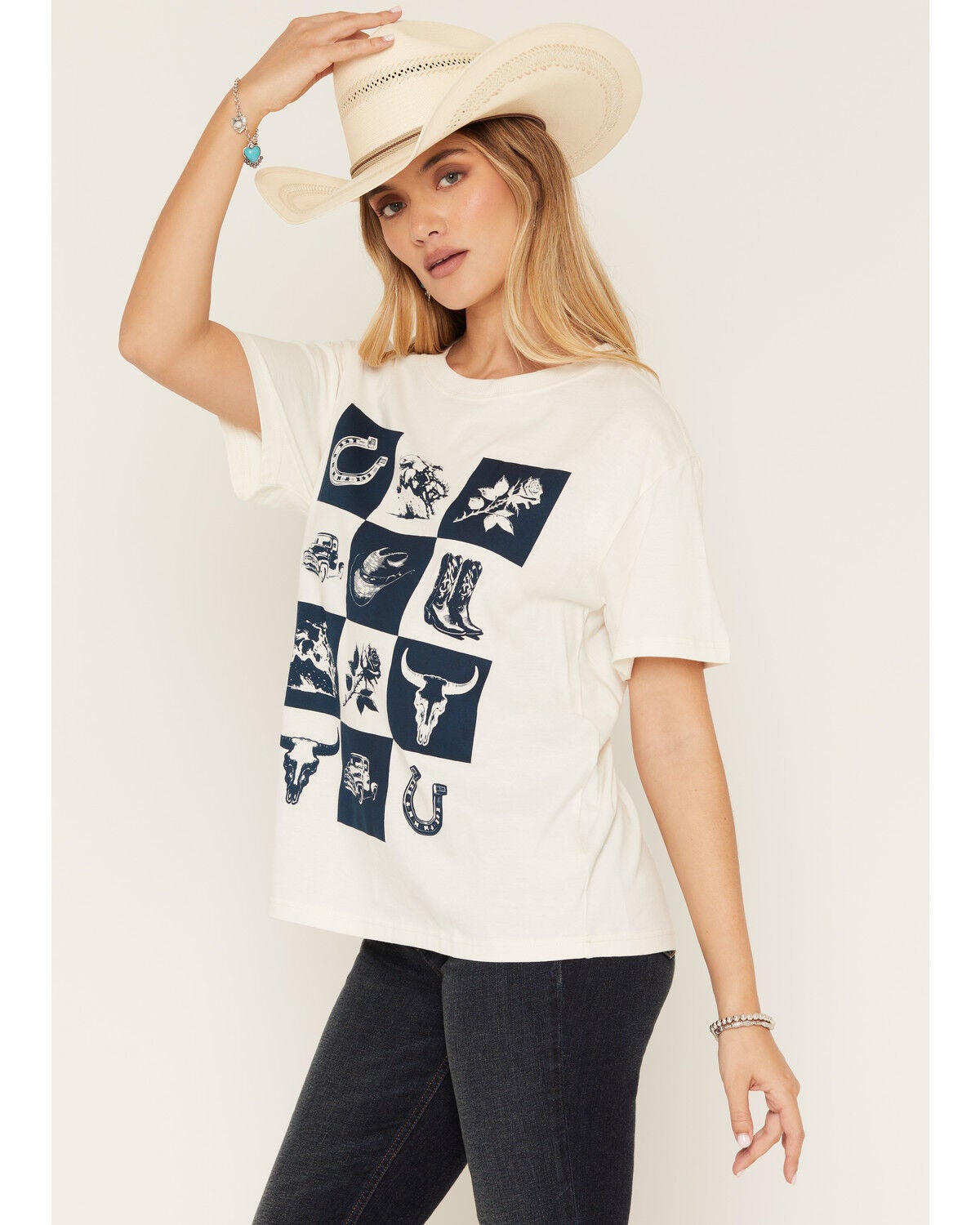 Image #2 - Shyanne Women's Western Checkerboard Short Sleeve Graphic Tee, Navy, hi-res