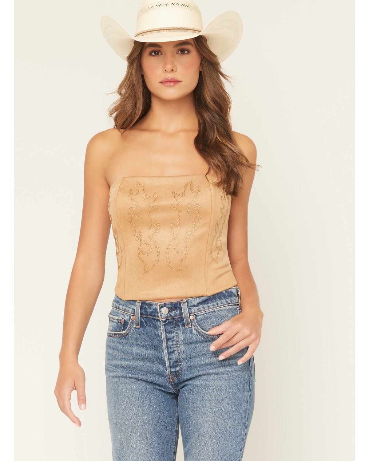 Originality Women's Faux Suede Boot Stitch Strapless Corset, Camel, hi-res