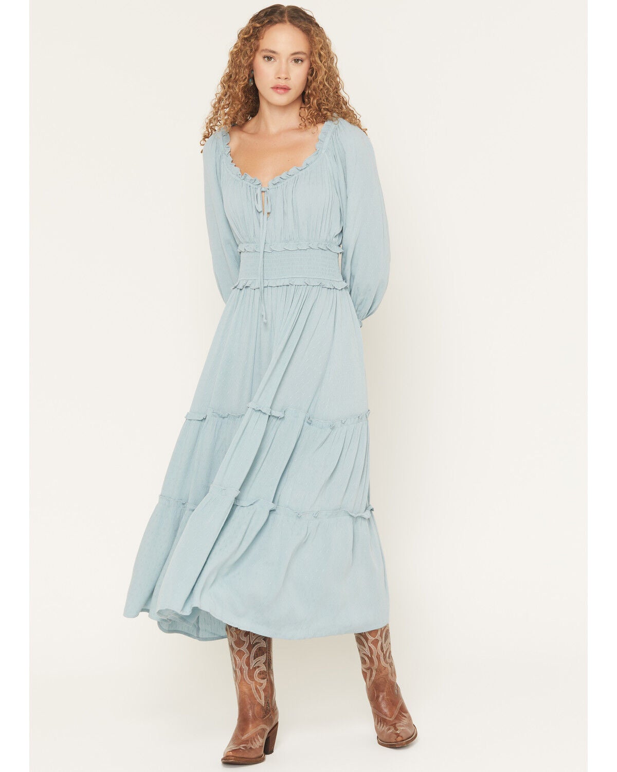 Wild Moss Women's Solid Jacquard Smocked Waist Midi Dress, Blue, hi-res