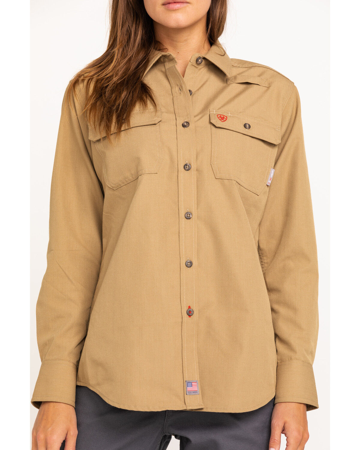 Image #4 - Ariat Women's FR Featherlight Long Sleeve Work Shirt, Beige/khaki, hi-res