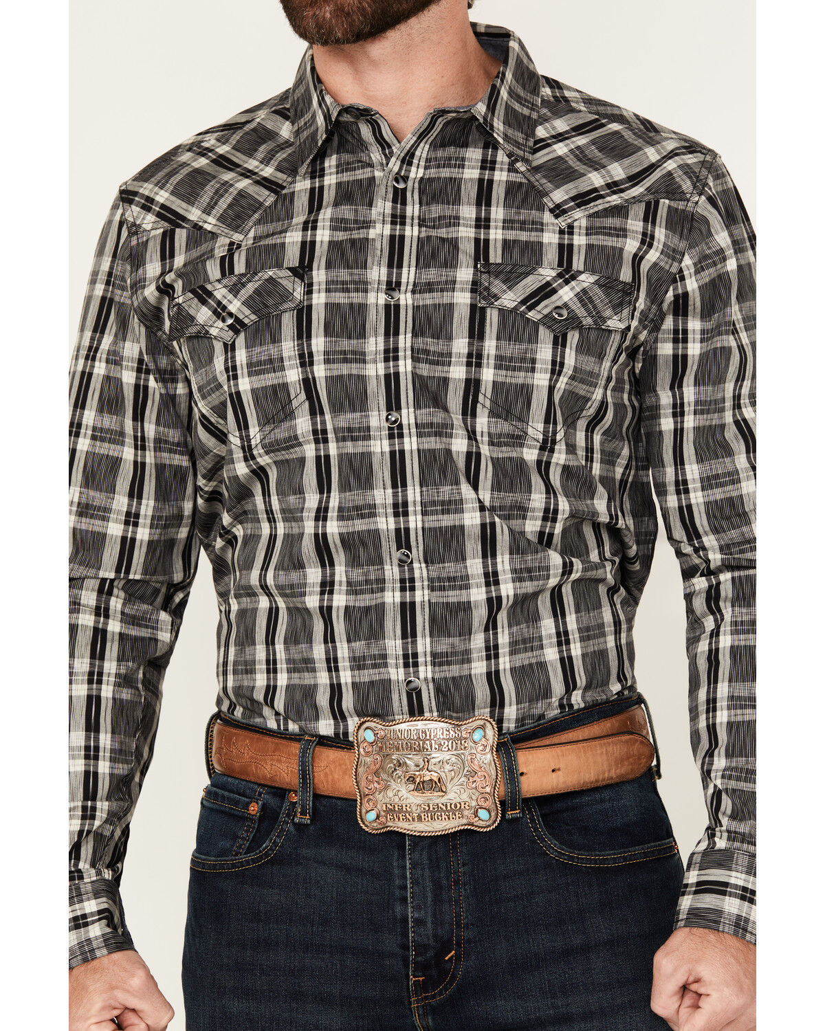Image #3 - Cody James Men's Denton Plaid Print Long Sleeve Snap Western Shirt, Black, hi-res
