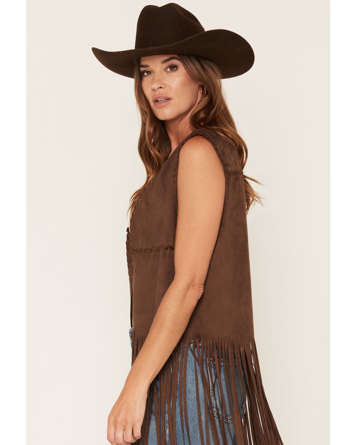 Image #2 - Fornia Women's Boot Barn Exclusive  Faux Suede Whip Stitch Fringe Vest, Brown, hi-res