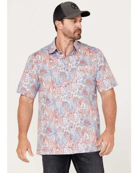 Scully Men's Birds Of Paradise Floral Print Short Sleeve Button Down Western Shirt , Red, hi-res