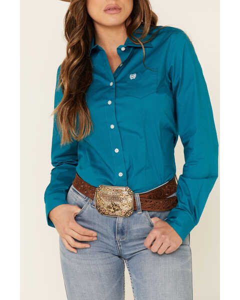 Image #3 - Cinch Women's Teal Solid Button Front Long Sleeve Western Shirt , Teal, hi-res