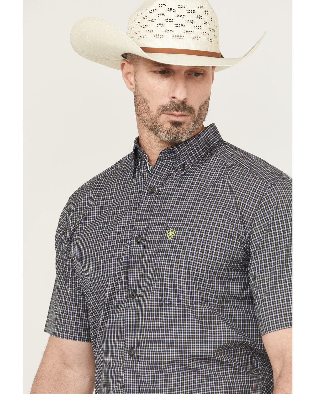 Image #2 - Ariat Men's Pro Series Caspian Plaid Print Short Sleeve Button-Down Western Shirt, Navy, hi-res