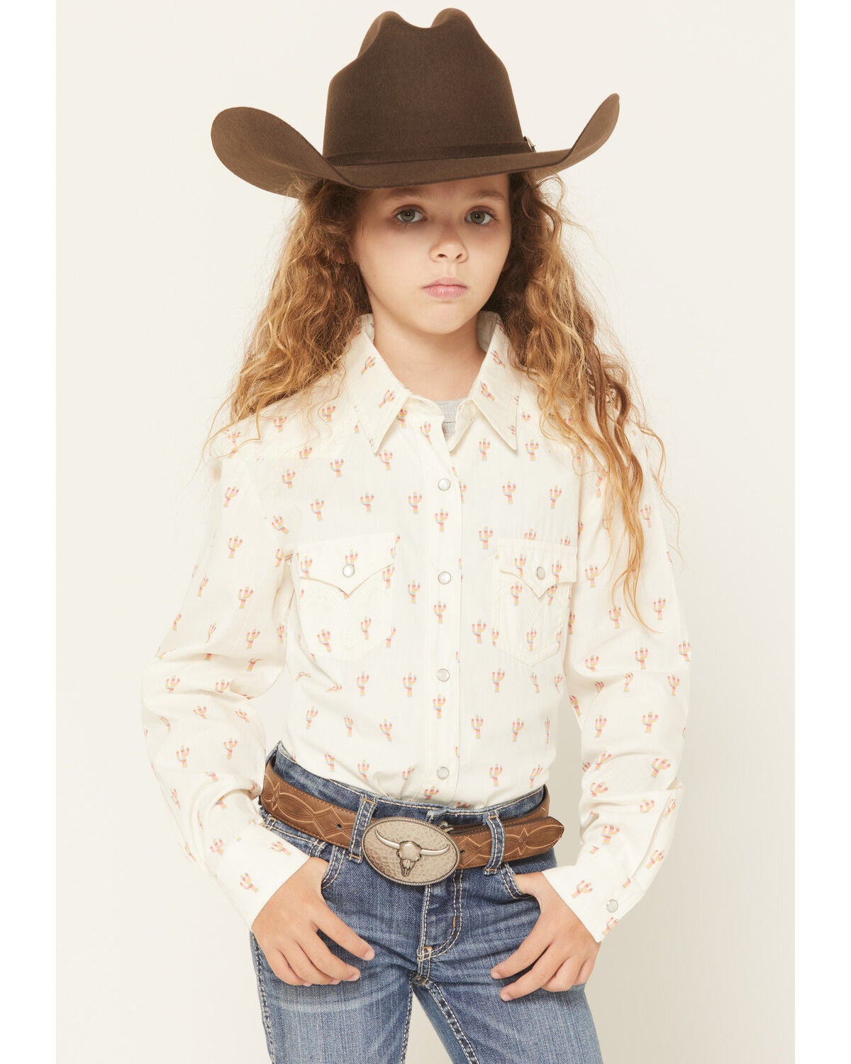 Panhandle Girls' Cactus Print Long Sleeve Pearl Snap Western Shirt, Cream, hi-res