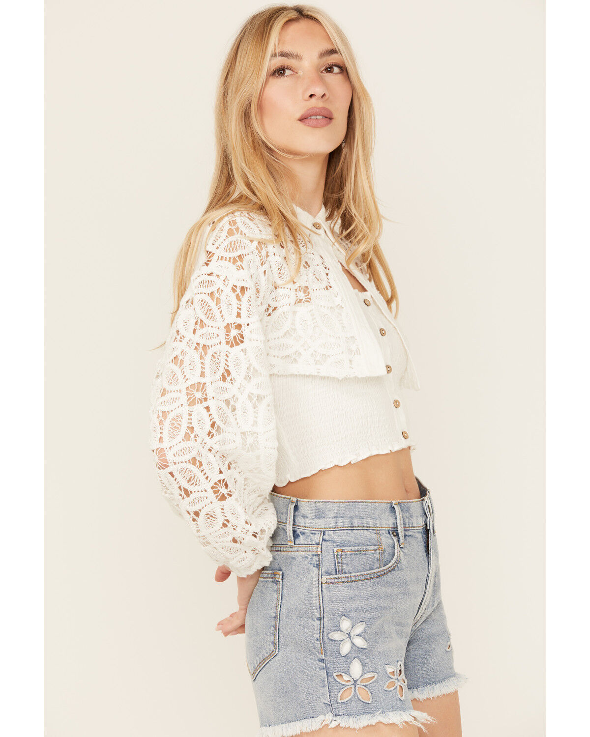 Image #2 - Miss Me Women's Lace Long Sleeve Button-Down Shirt, White, hi-res