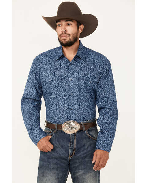 Roper Men's Amarillo Medallion Print Long Sleeve Pearl Snap Western Shirt, Blue, hi-res