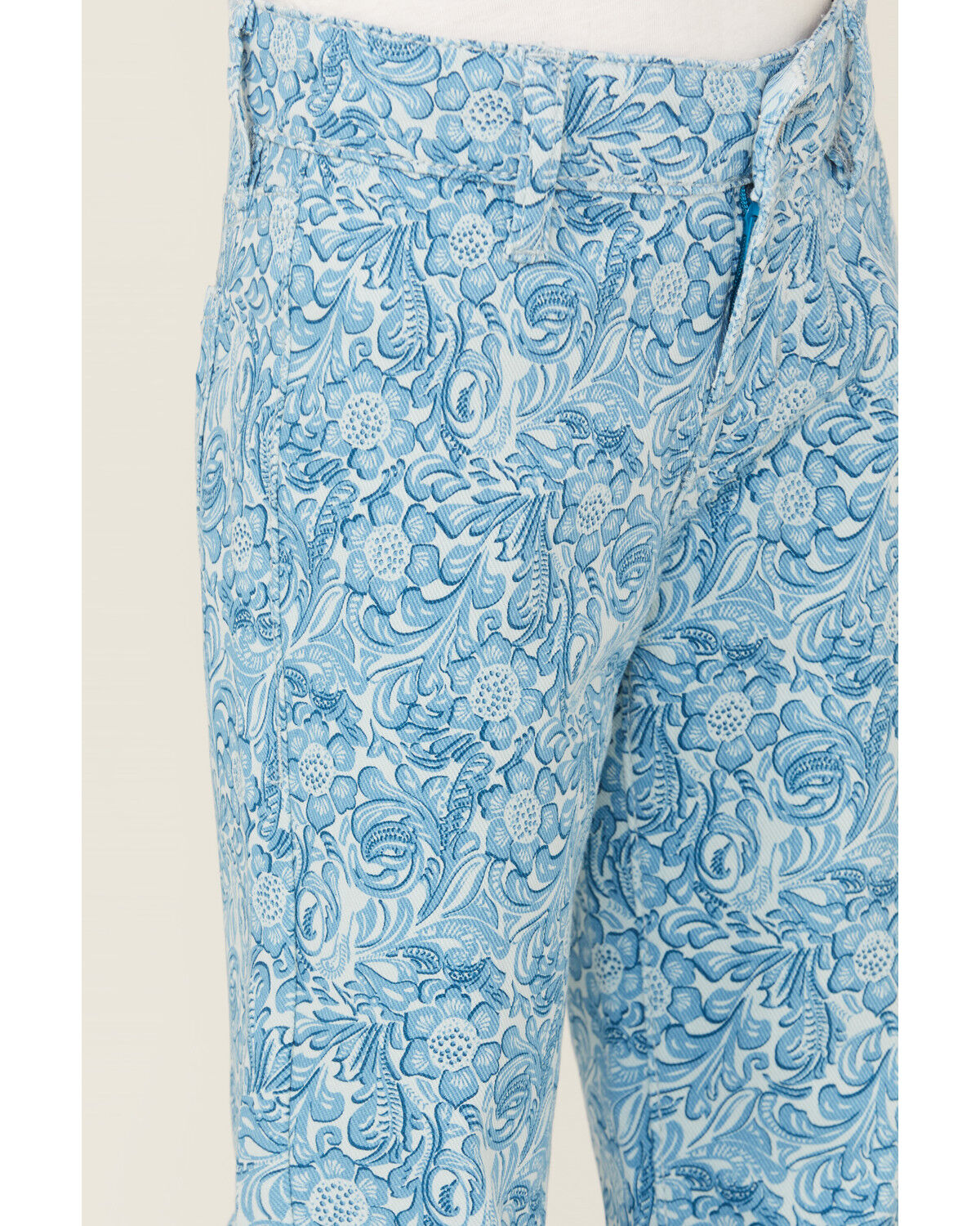 Image #2 - Panhandle Girls' Tooled Button Flare Stretch Denim Jeans, Blue, hi-res