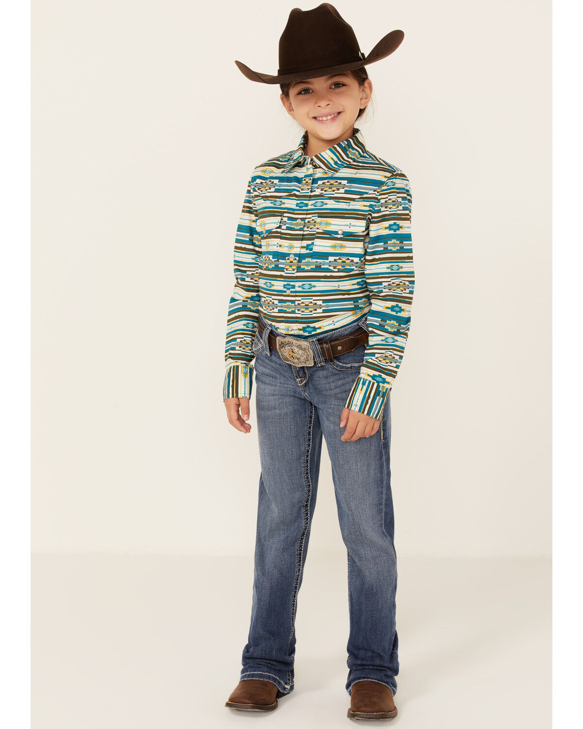 Image #4 - RANK 45® Girls' Southwestern Print Long Sleeve Pearl Snap Western Shirt, Teal, hi-res