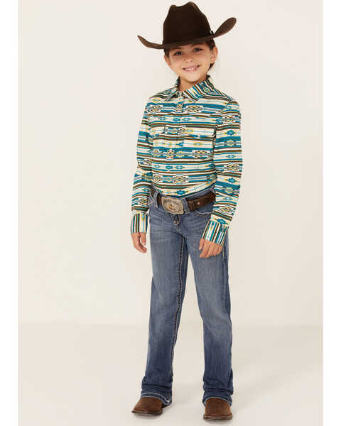 Image #4 - RANK 45® Girls' Southwestern Print Long Sleeve Pearl Snap Western Shirt , Teal, hi-res