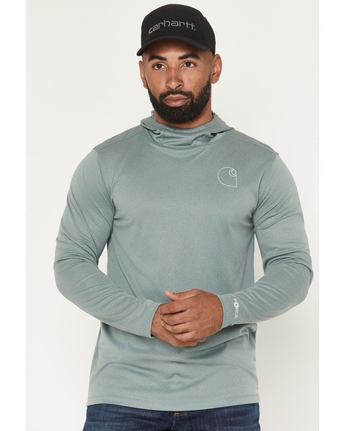 Carhartt Men's Force Sun Defender&trade; Relaxed Fit Logo Hooded Shirt, Green, hi-res
