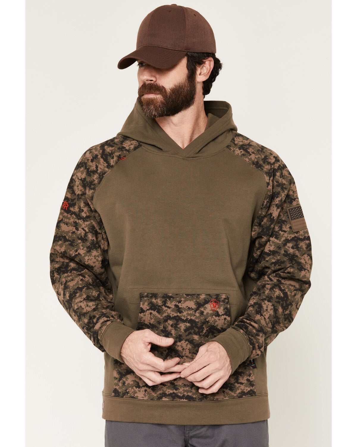 Image #1 - Ariat Men's FR Durastretch Patriot Hooded Sweatshirt, Brown, hi-res