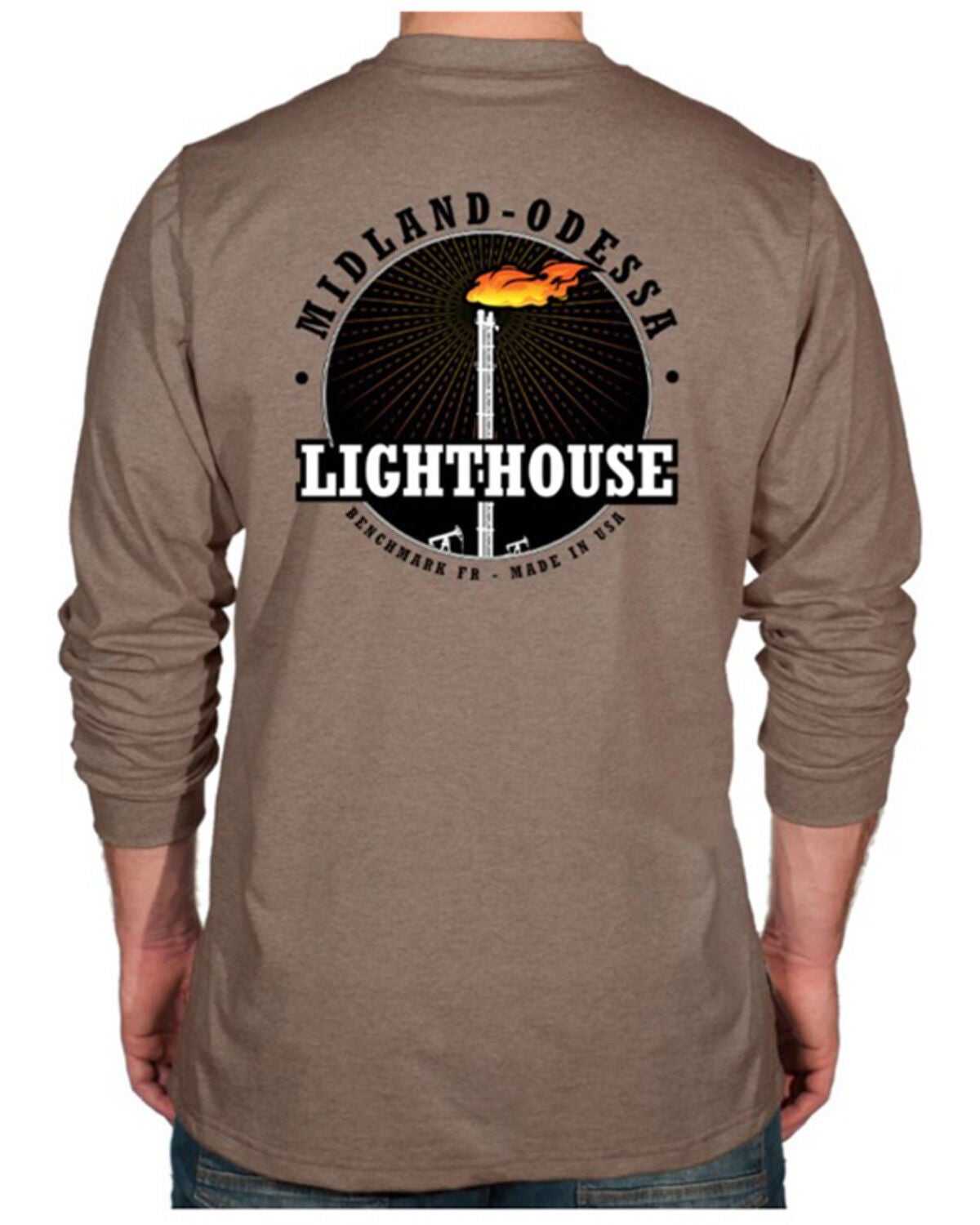 Benchmark FR Men's FR Midland Odessa Lighthouse Long Sleeve Graphic Work Shirt, Brown, hi-res