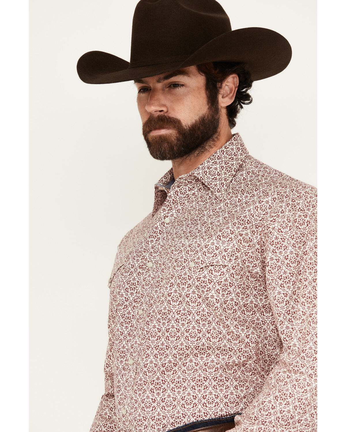 Image #2 - Stetson Men's Medallion Print Long Sleeve Pearl Snap Western Shirt, Maroon, hi-res