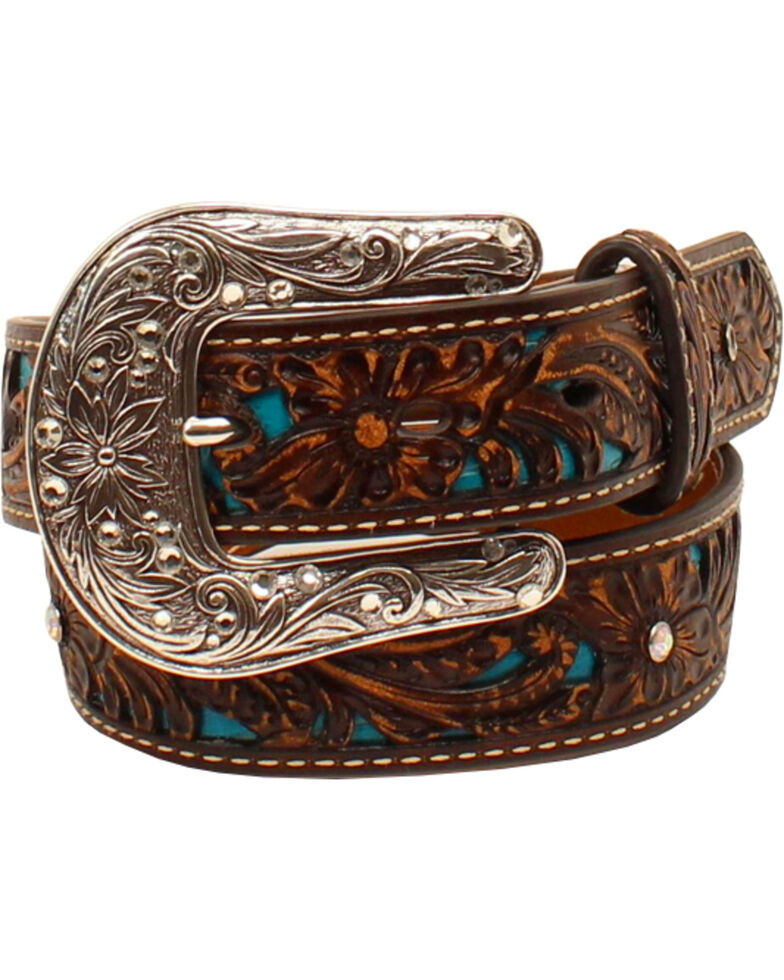 Ariat Girls' Brown Tooled Rhinestones Overlay Belt , Brown, hi-res