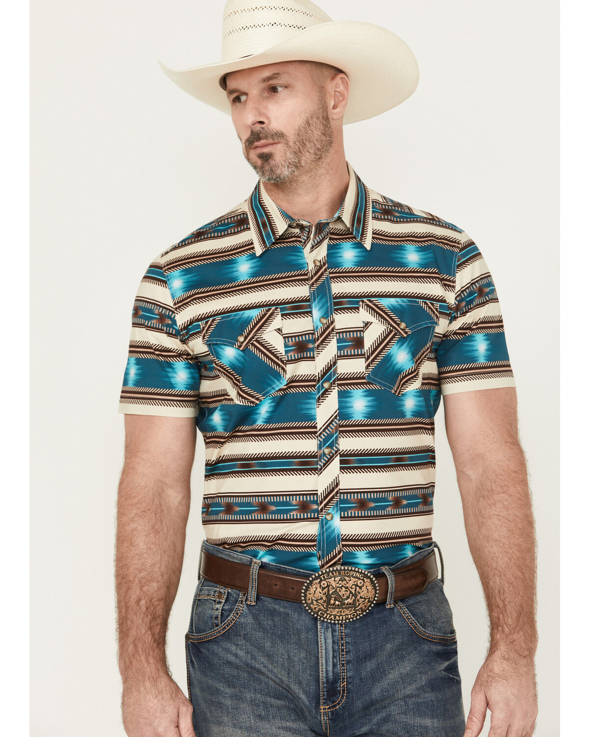 Image #1 - Rock & Roll Denim Men's Southwestern Striped Short Sleeve Snap Stretch Western Shirt, Turquoise, hi-res