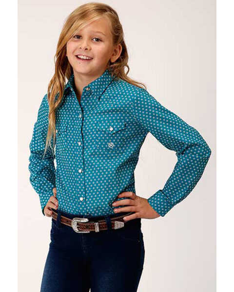 Roper Girls' Amarillo Teal Snap Geo Print Western Shirt, Teal, hi-res