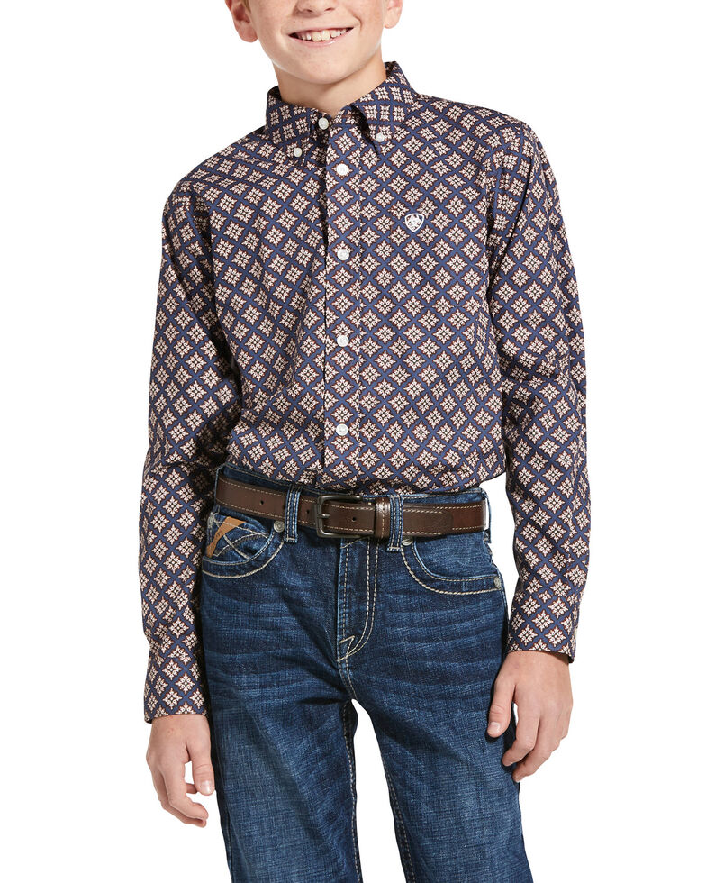 Ariat Boys' Jerri Diamond Geo Print Long Sleeve Western Shirt , Blue, hi-res