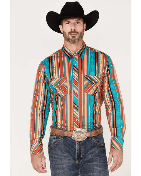 Rock & Roll Denim Men's Southwestern Stripe Stretch Long Sleeve Snap Shirt , Turquoise, hi-res