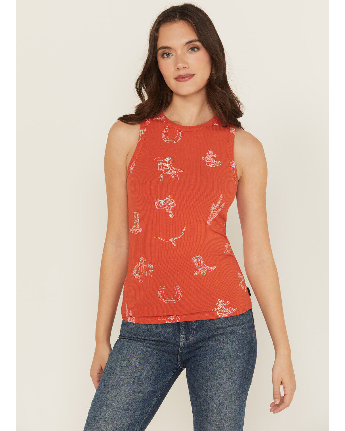 Image #1 - Wrangler Retro Women's Conversational Sleeveless Ribbed Tank Top, Red, hi-res
