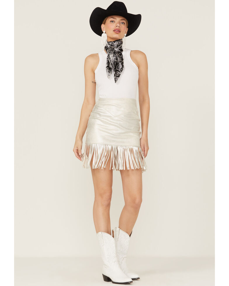 Shyanne Women's Faux Suede Silver Fringe Skirt, Taupe, hi-res