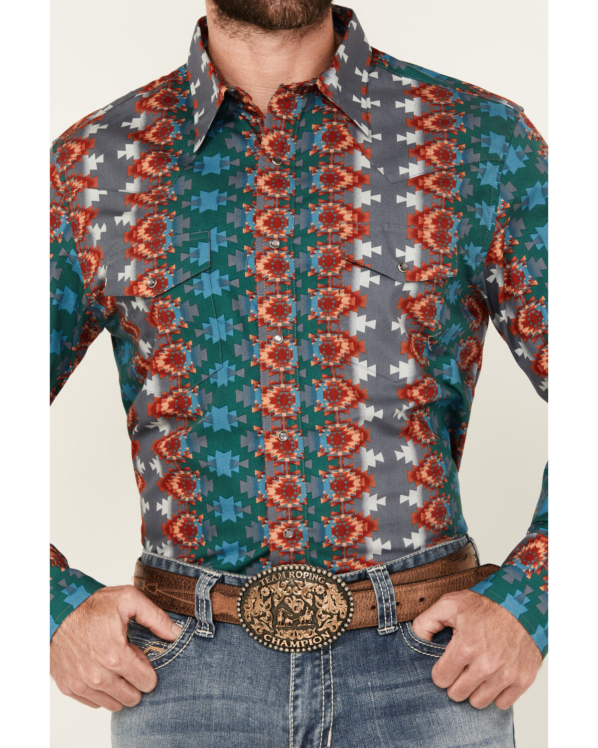 Image #3 - Wrangler Men's Checotah Southwestern Print Long Sleeve Snap Western Shirt - Big, Multi, hi-res