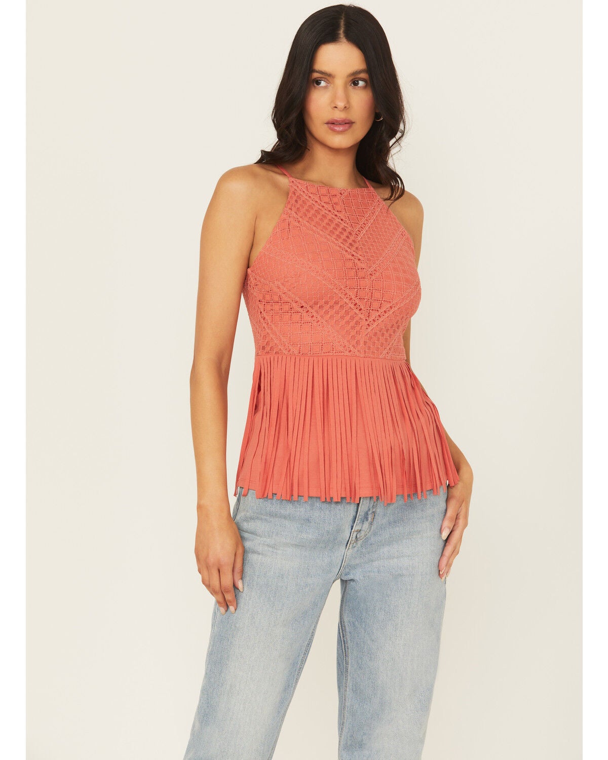 Shyanne Women's Stretch Lace Halter Fringe Tank, Dark Pink, hi-res