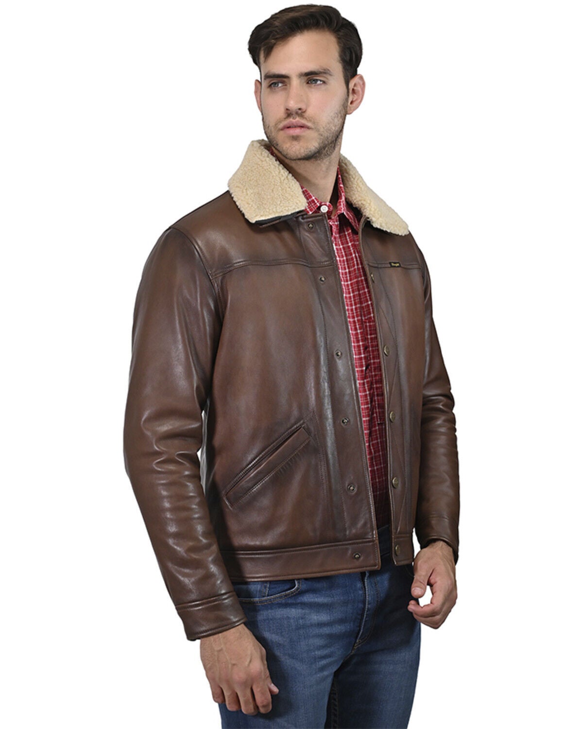 Wrangler Men's Vintage Sherpa Lined Leather Jacket, Tan, hi-res
