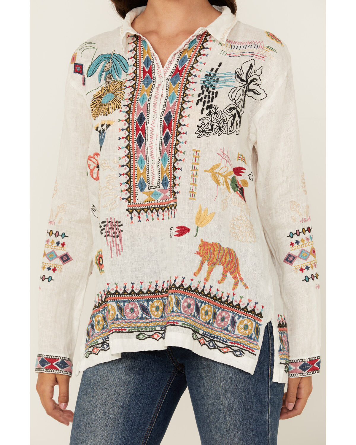 Image #3 - Johnny Was Women's Embroidered Conversation Print Long Sleeve Blouse, White, hi-res