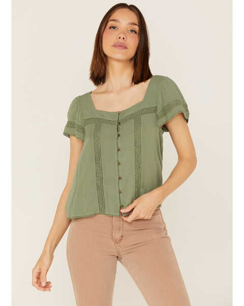 Jolt Women's Lace Trim Button-Down Shirt, Olive, hi-res
