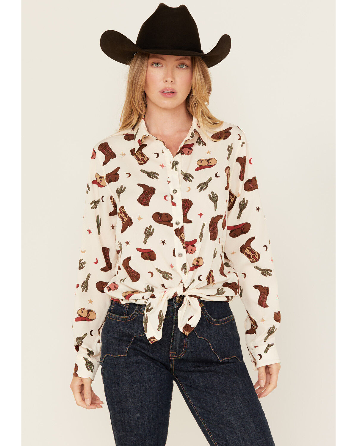 Image #1 - Ariat Women's Western Print Long Sleeve Button-Down Western Shirt, Cream, hi-res